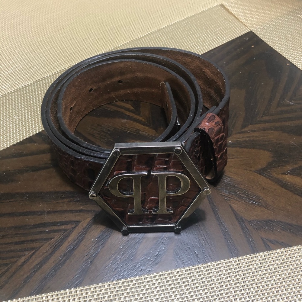 Philipp Plein Brown Croc Imitation Leather Belt